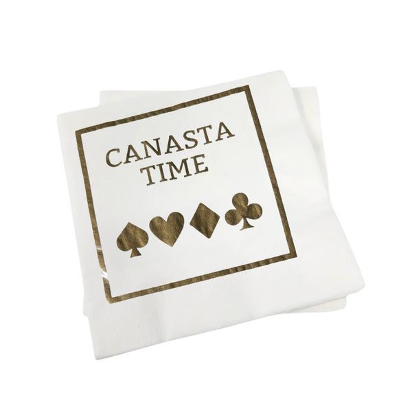 The Print Appeal Cocktail Napkin Pack - CANASTA TIME features white napkins with "CANASTA TIME" and four black card suits in a square border—ideal game-themed decor for your next party.