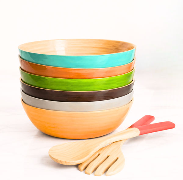The Albert L Bamboo Classic Serving Bowl 11.7" set includes six food-safe, eco-friendly bowls with colorful rims (turquoise, orange, green, gray, brown, natural wood), plus a bamboo serving spoon and fork with red handles.