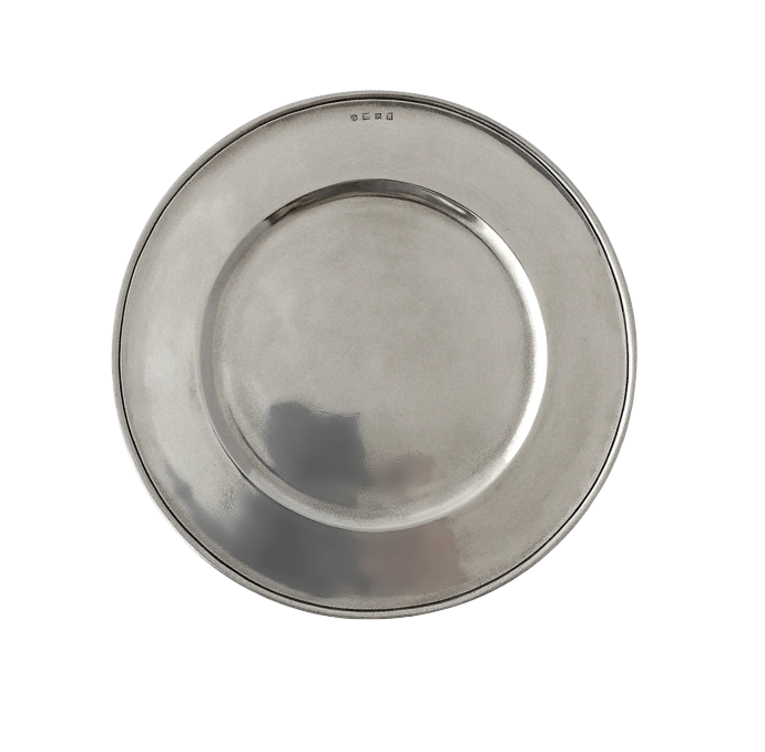The MATCH Convivio All Pewter Charger is a round, silver plate with a subtle reflective finish and minimal design, viewed from above.