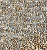 A close-up of the Bead Burst Pillow Azure 22 x 22 by Threads Soft Goods reveals artisanal craftsmanship: a woven gray jacquard base adorned with tan, white, and olive beads creates a richly textured decorative pillow surface.