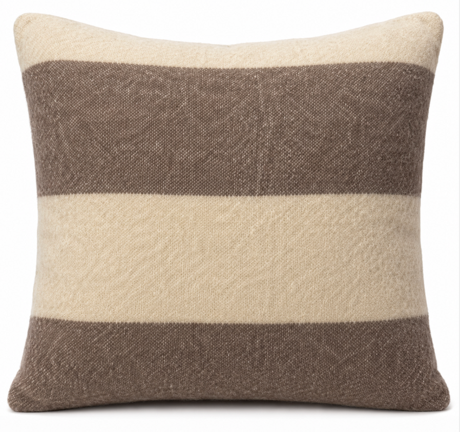 A square pillow with wide beige and brown stripes in soft, textured fabric—ideal for pairing with Decorum’s Bowie Throw Stripe or other neutral decor accents.