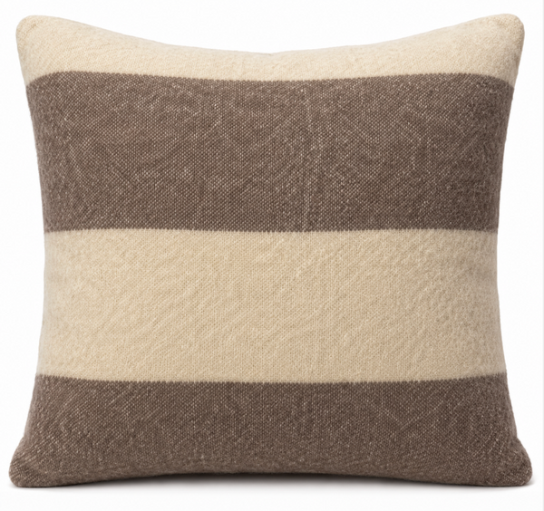 A square pillow with wide beige and brown stripes in soft, textured fabric—ideal for pairing with Decorum’s Bowie Throw Stripe or other neutral decor accents.