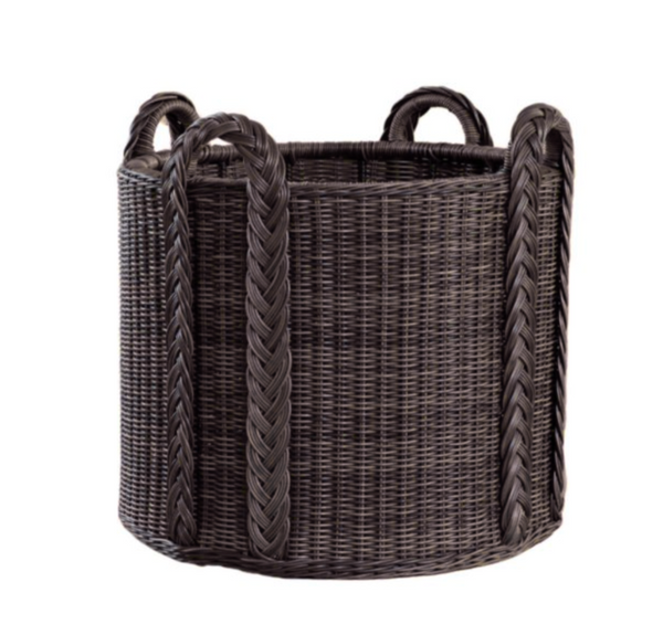 The Newport Outdoor Round Basket - Black by Memoire Designs is a round, dark brown all-weather rattan basket with four thick, braided handles, ideal for outdoor storage and shown against a white background.