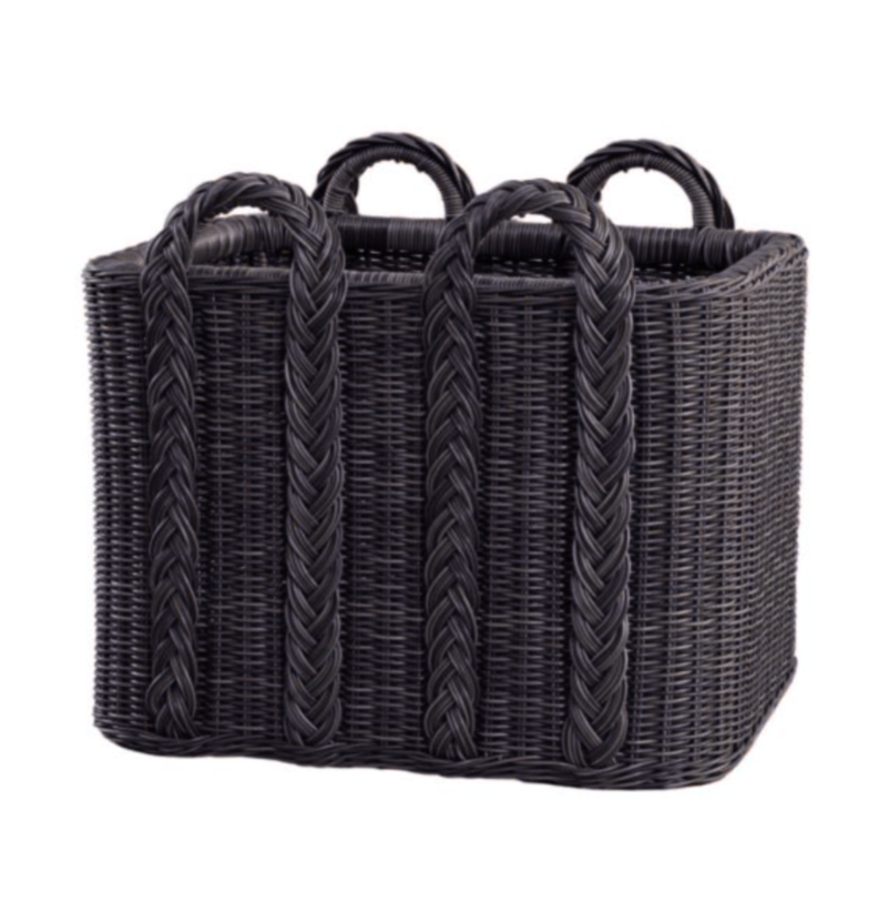 The Newport Outdoor Rectangular Basket - Black by Memoire Designs features four braided handles and an upright, all-weather rattan build—ideal for stylish outdoor storage.