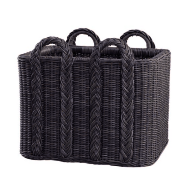 The Newport Outdoor Rectangular Basket - Black by Memoire Designs features four braided handles and an upright, all-weather rattan build—ideal for stylish outdoor storage.