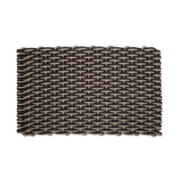 The Rope Co Coastal Woven Outdoor Floormat - Sand & Charcoal (24 x 38) features a sturdy, textured design crafted from thick black and beige ropes in a rectangular woven pattern, ideal for outdoor use. Shown on a white background.