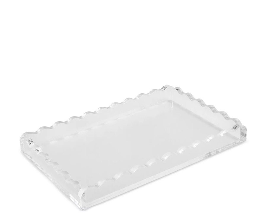 The Waverly Tray by Tizo is a modern accent piece with scalloped edges and a sleek rectangular clear acrylic design, shown on a white background.