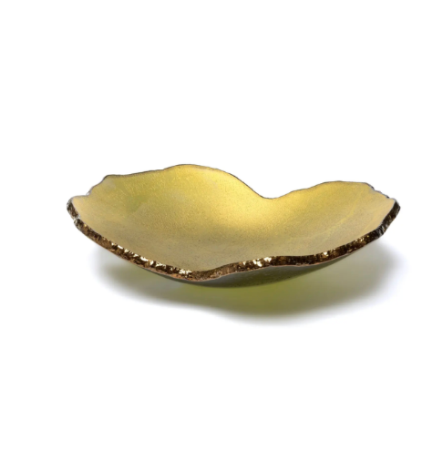 Shallow and irregularly shaped, the Gardeco Mapa Gold & Bronze Trim Bowl features artisan glass in radiant yellow with a rough, textured edge, set against a plain white background—an exquisite piece reminiscent of Regina Medeiros's distinctive style.