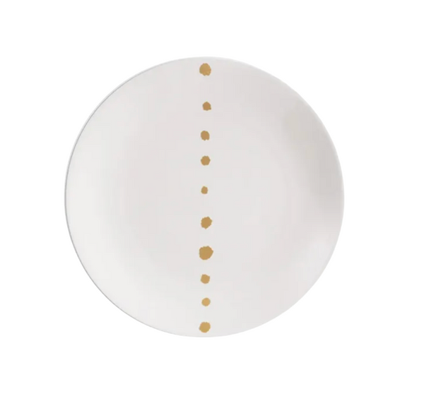The Dibbern Golden Pearls Dinnerware Dessert Plate features a white ceramic design adorned with a striking line of golden pearls in varying sizes running vertically down the center.