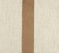 The Bruno Pillow - Bisque & Camel from Moss Studio features a vertical camel leather contrast band running down the center of its textured, off-white, hairy surface, elegantly dividing it into two sections and adding a touch of luxury perfect for modern interiors.