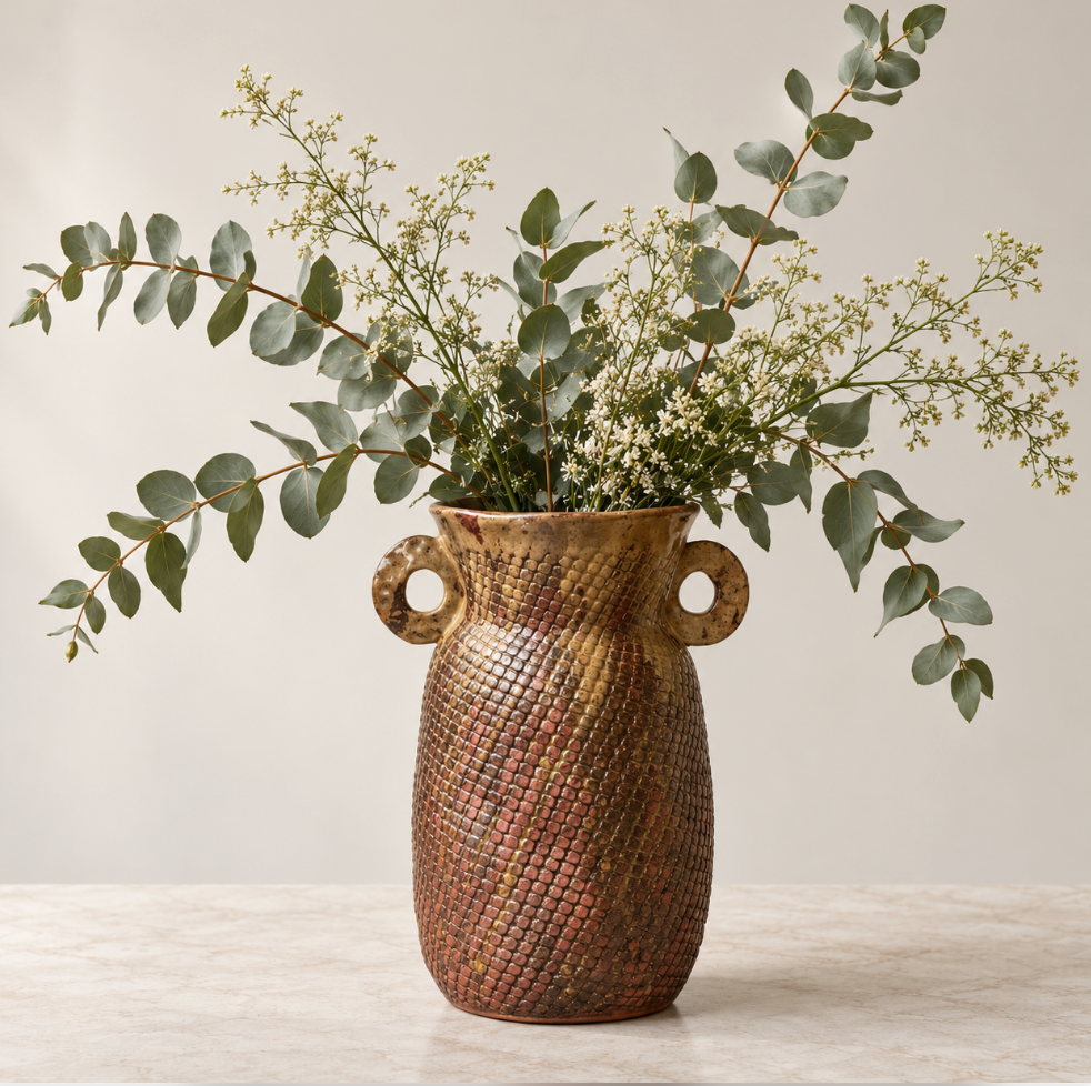 A red-toned, handcrafted Amphora Grid Vase - Red Iron featuring a textured pattern and two handles, filled with eucalyptus branches and small white flowers.
