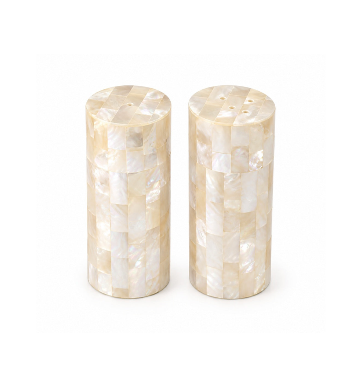 Two Tizo Mother of Pearl Salt & Pepper Set cylindrical shakers covered in iridescent, tiled mother-of-pearl squares.