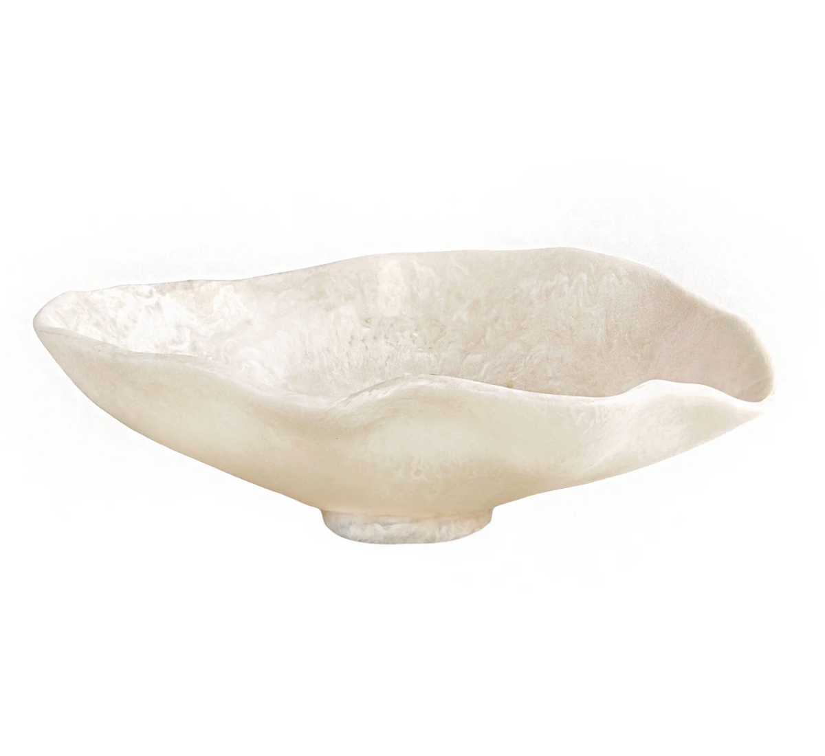 The Beatriz Ball Resin Alabaster Oval Bowl features a wide, shallow design with an irregular wavy rim and a smooth, marbled off-white surface—an ideal modern tableware accent for contemporary spaces.