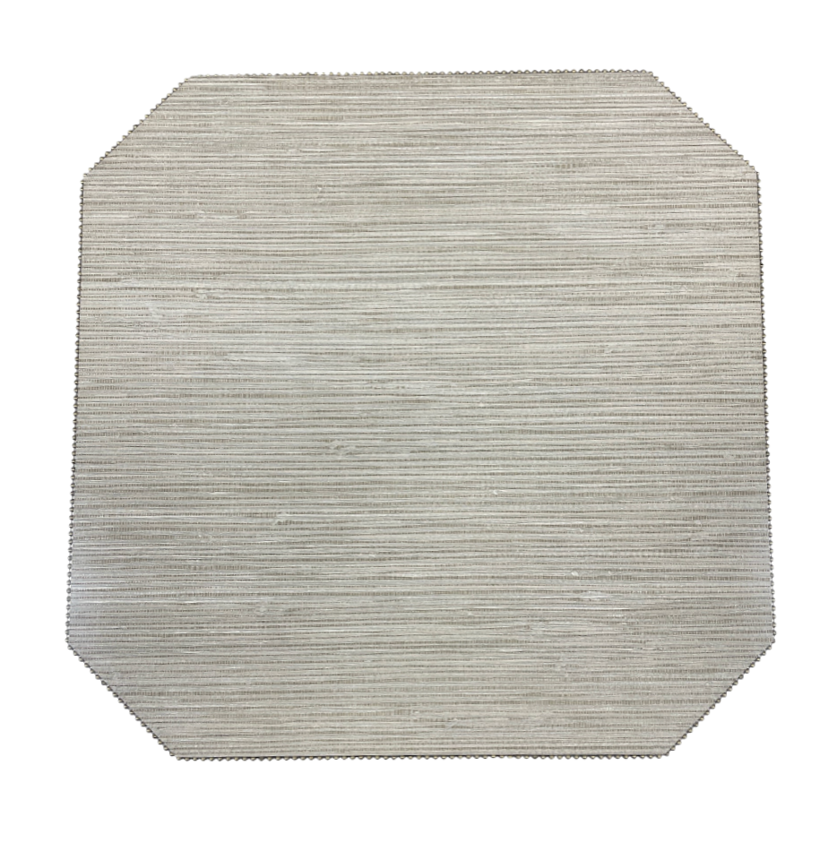 A set of four Reversible Cut Corner Placemats from Julian Mejia, in the Calia/Timber colorway, featuring a light gray textured linen with fine horizontal lines, a rectangular shape with subtly angled corners, displayed against a white background.