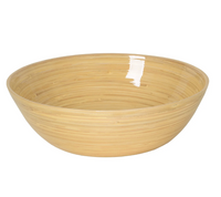 The Albert L Bamboo Classic Serving Bowl 11.7" features a smooth, polished finish and natural wood grain, making it an elegant and eco-friendly addition to any table setting.