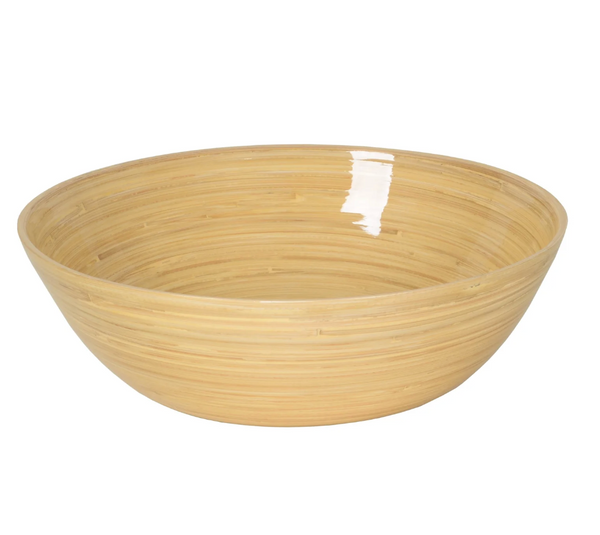 The Albert L Bamboo Classic Serving Bowl 11.7" features a smooth, polished finish and natural wood grain, making it an elegant and eco-friendly addition to any table setting.