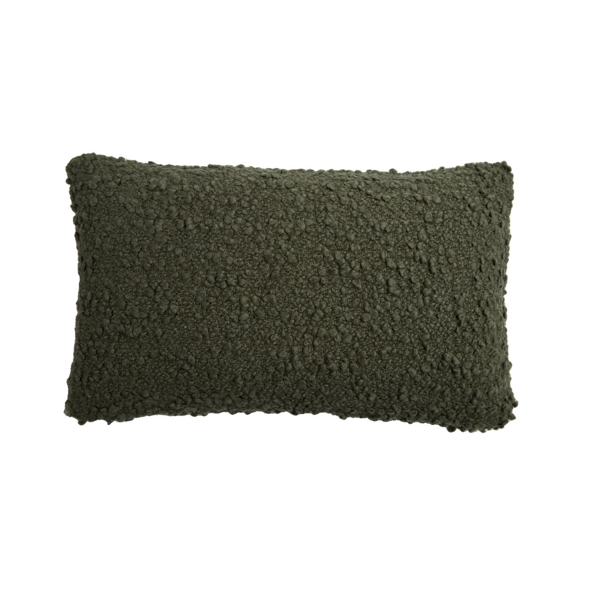 The Murphy Pillow Moss 14 x 24 by Pom Pom At Home features rectangular, dark green bouclé fabric that adds cozy texture to modern decor, displayed here against a white background.