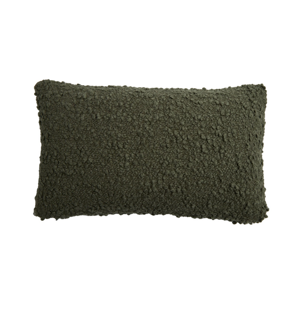 The Murphy Pillow Moss 14 x 24 by Pom Pom At Home features rectangular, dark green bouclé fabric that adds cozy texture to modern decor, displayed here against a white background.