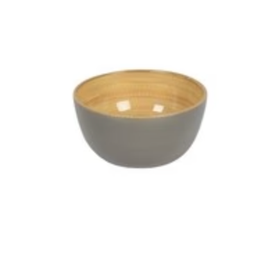 Gray bamboo bowl with wooden interior on a white background