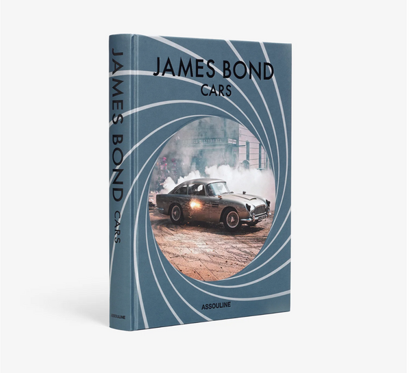 Blue Book cover with white swirls and James Bond Car