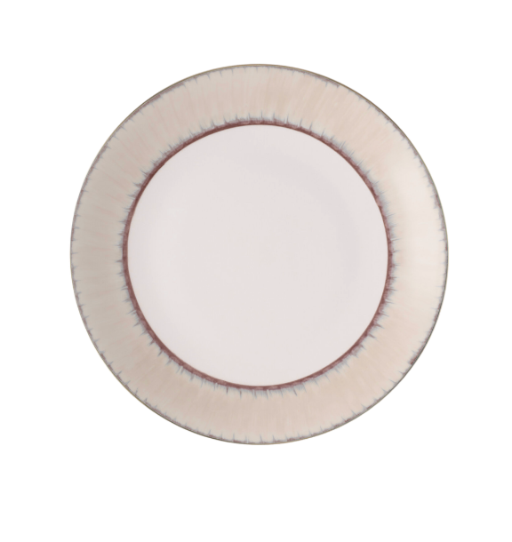 A round ceramic plate from Marie Daâge Ruban 1 Dinnerware features a light pinkish-white center and a textured gradient rim in soft gray and reddish-brown tones. The plate, viewed from above on a white background, is by Marie Daâge.