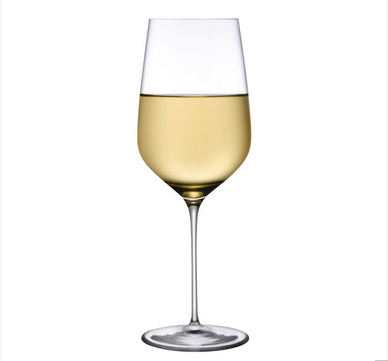 The Nude Glassware Stem Zero Master Glass, half-filled with white wine, is displayed against a plain white background.