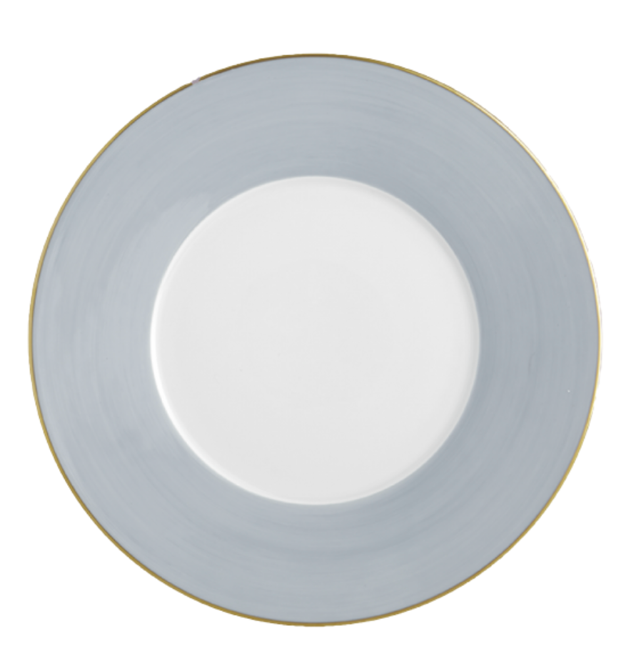 The Lexington Dinnerware - Lavender by Mottahedeh/Robert Haviland is a round ceramic plate with a wide lavender rim, narrow gold edge, and plain white center, shown from above on a white background.