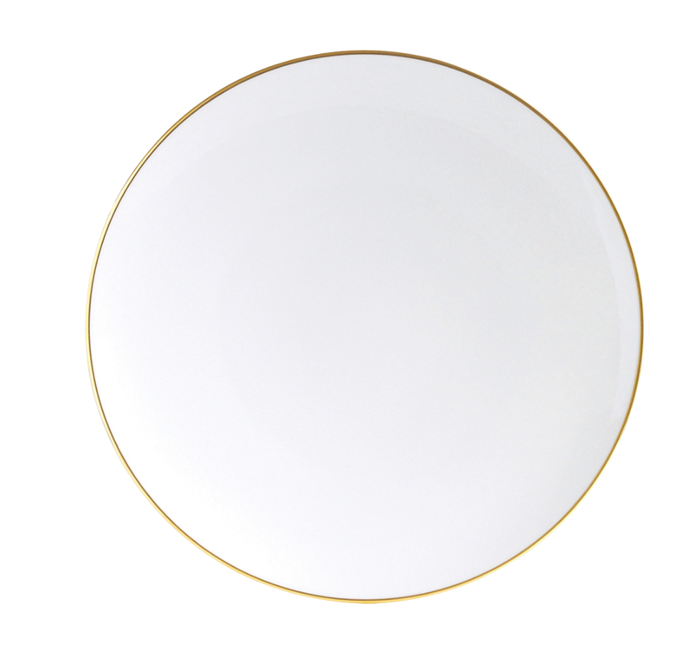 The Palmyre Dinnerware by Bernardaud features a plain white round plate with a thin gold rim, viewed from above on a white background, bringing understated elegance to any refined table.