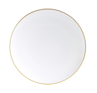 The Bernardaud Palmyre Dinnerware features a round, white ceramic plate with a thin gold rim, shown from above on a plain white background—ideal for an elegant or personalized table setting.