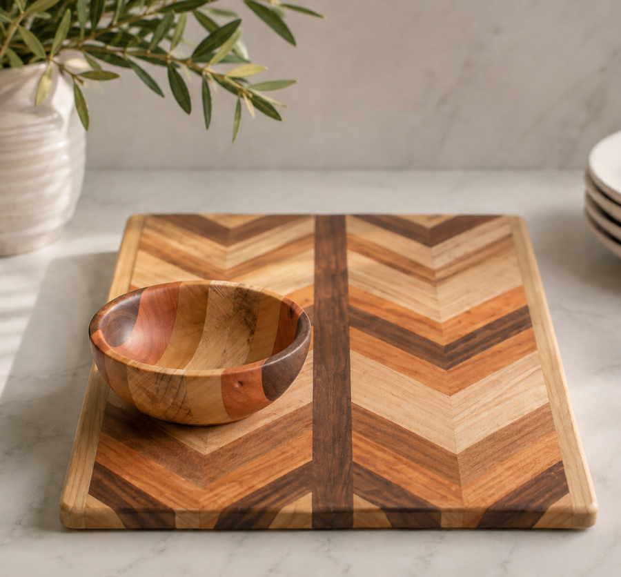 A small wooden bowl sits on the Multiwood Herringbone Serving Board by Dickinson Woodworking, with a plant in a ceramic vase and stacked white plates in the background on a marble countertop.
