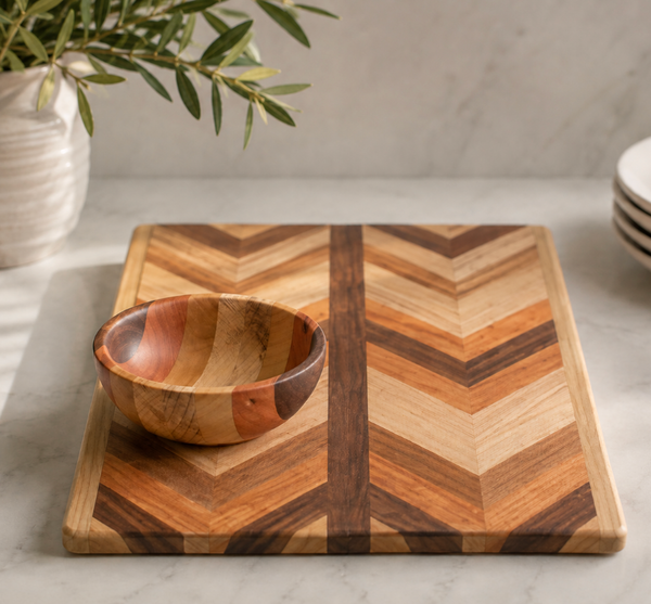 A small wooden bowl sits on the Multiwood Herringbone Serving Board by Dickinson Woodworking, with a plant in a ceramic vase and stacked white plates in the background on a marble countertop.