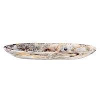 The Nashi Home Swirl Resin Colored Boat Bowl Mocha is an oval, shallow serving bowl featuring a marbled design in shades of white, gray, brown, and beige; decorative and shatter-resistant, it is displayed here on a white background.