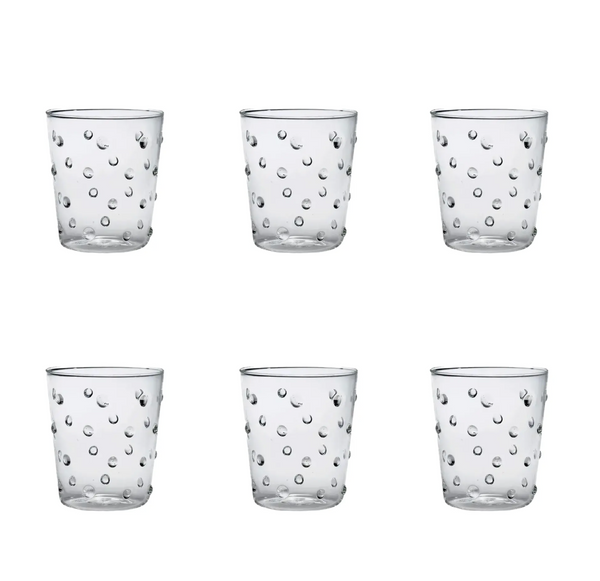 Six Party Dots Large Tumblers by Zafferano, each 15.2oz and crafted from clear borosilicate glass, are arranged in two rows of three against a plain white background. Each tumbler features a classic textured pattern with raised, round dots on the surface.