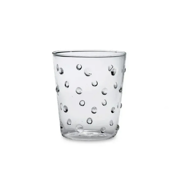 The Zafferano Party Dots Large Tumbler Set of 6 in Clear features 15.2oz glass tumblers with an evenly distributed raised polka dot texture, displayed against a plain white background. Part of our colorful party glassware collection, these stylish and unique polka dot glasses are perfect for brightening up any occasion.