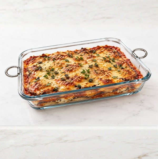 A Godinger Loop Glass Rectangle Baker Bowl in silver, filled with baked lasagna topped with melted cheese and fresh herbs, sits on a white marble surface—ready to go from oven to table with ease.