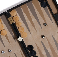 Gene Leather Backgammon - Midnight Black by Zodax features tan and black pieces, dice showing 3-6 and 4-2, a doubling cube at 8—all set on a brown beige background for luxury play.