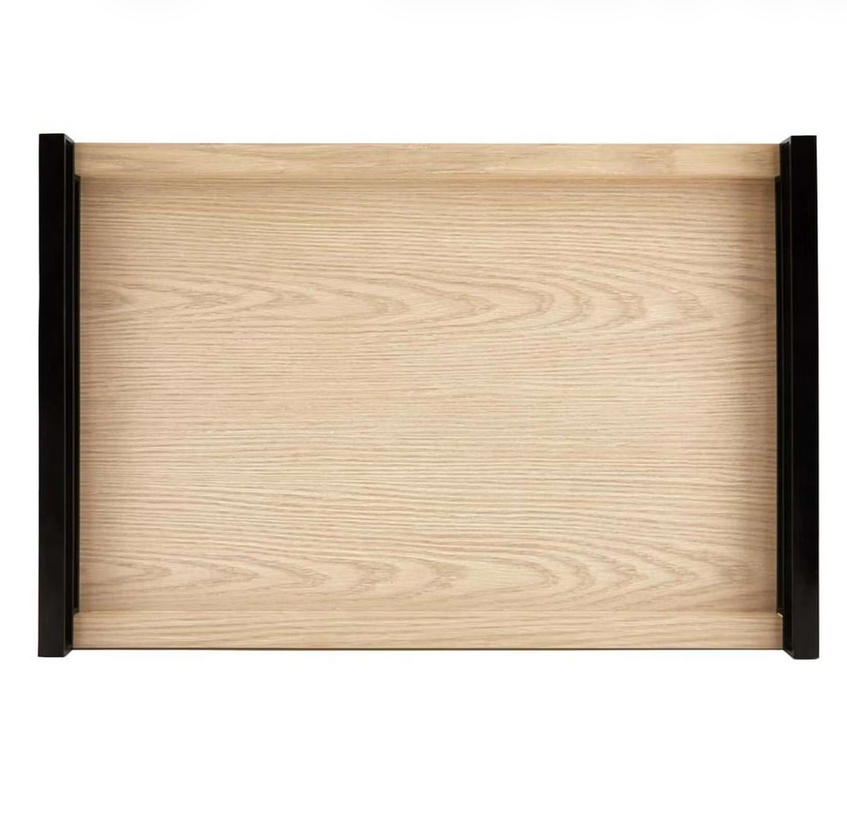 The Rexburg Oak Wood Tray by Arteriors features a rectangular oak base with two raised black handles on the short sides, shown from above on a white background.