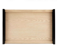The Rexburg Oak Wood Tray by Arteriors features a rectangular oak base with two raised black handles on the short sides, shown from above on a white background.