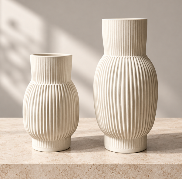 Two off-white, unglazed porcelain CYM Warkov Ceramics Frame Vase Cream vases with vertical ridged textures sit on a stone surface.