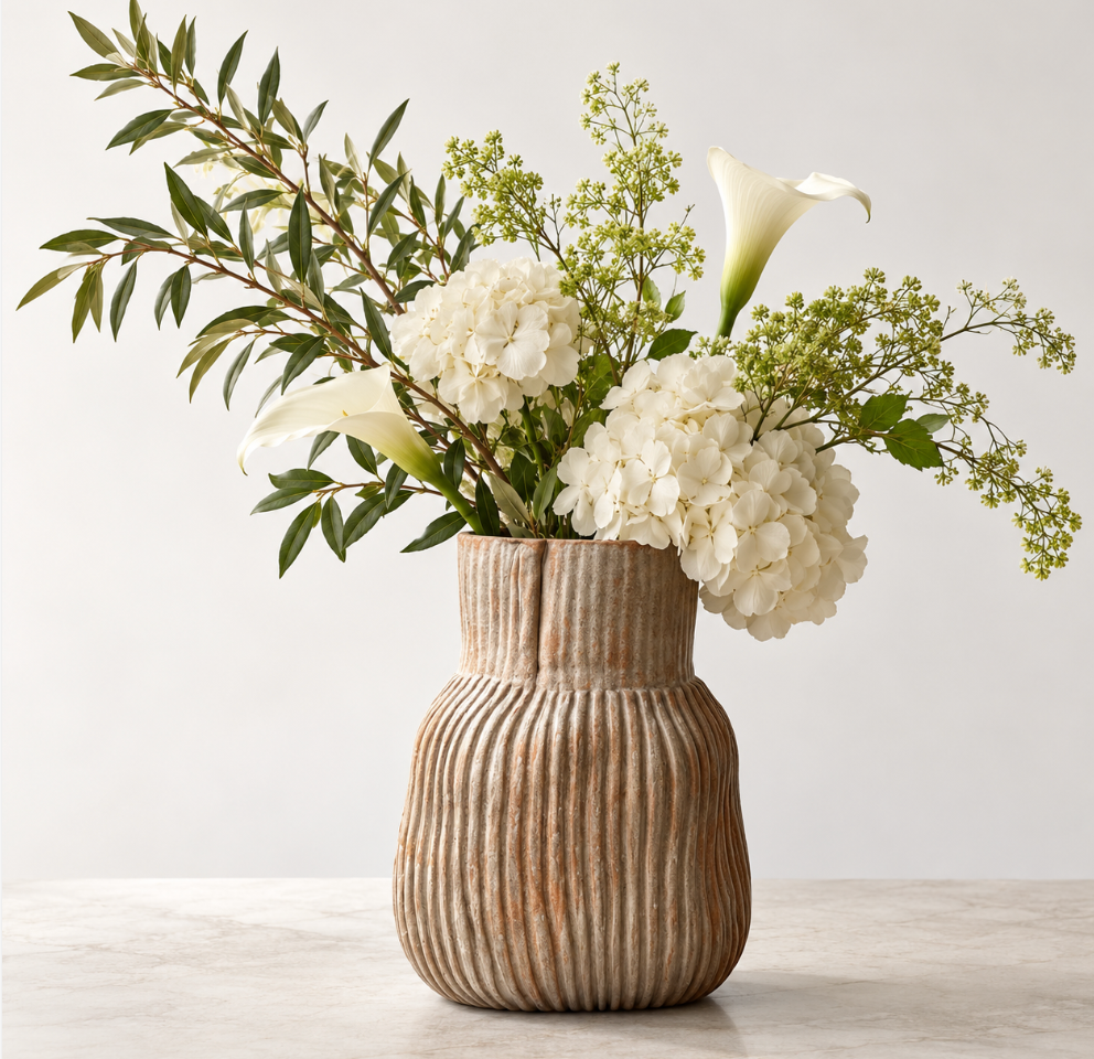 A CYM Warkov Ceramics Bottle Vase Glazed - Red Iron filled with white hydrangeas, calla lilies, and green foliage.