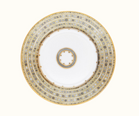 Haviland & Parlon Syracuse Dinnerware- Taupe porcelain dinner plate featuring a repeating pattern of grey circles and gold borders, with a matching smaller plate centered on top.