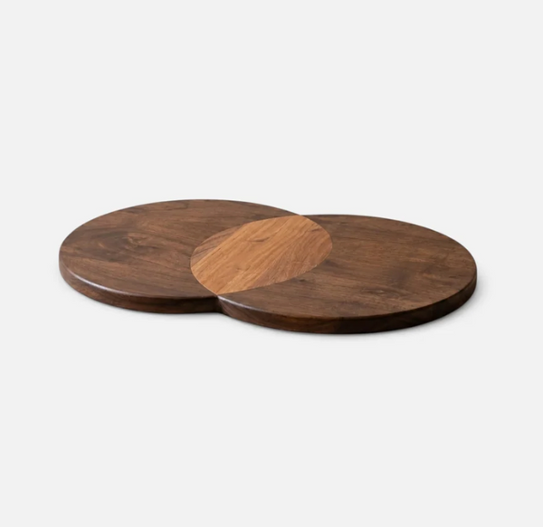 Two overlapping Erin Cheeseboard - Circles serving boards crafted from acacia and sheesham wood in contrasting tones.