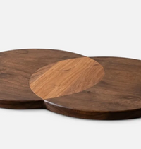 Two overlapping circular Erin Cheeseboard - Circles serving boards made of sheesham and acacia wood with an inlaid contrasting wood center.
