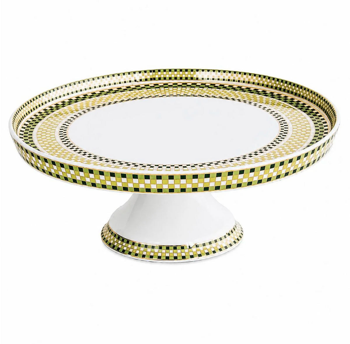 Beatriz Ball Ceramic Ravenna Pedestal Cake Plate - Green & Gold with a white center and a decorative green, black, and gold checkered pattern around the rim and base.