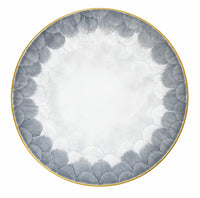 Marie Daâge Cercle D’Ecailles Platinum Filet round white Limoges porcelain dinner plate featuring a gray scale-like pattern along the rim and a thin gold edge.