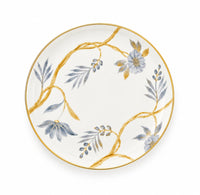 Marie Daâge Bouquet De Vie 1 dinner plate in white porcelain, featuring a hand-painted design of golden vines and blue-gray floral sprays with a gold rim.