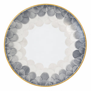 A white Marie Daâge Cercle D’Ecailles Platinum Filet porcelain plate featuring a circular pattern of overlapping grey and light grey scale motifs with a thin gold rim.