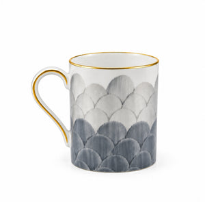 Marie Daâge Panache white Limoges porcelain mug featuring a gray ombre scalloped pattern and a gold-trimmed rim and handle.