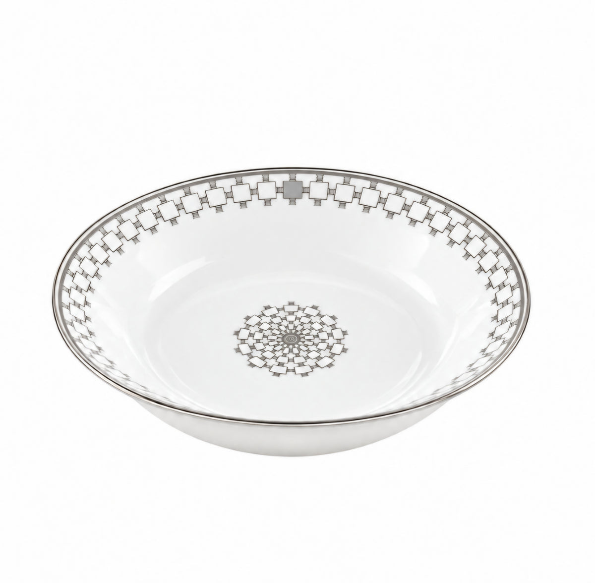 Home Platinum Dinnerware soup bowl in white porcelain, featuring a grey geometric square pattern around the rim and center with a silver edge.
