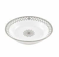 Home Platinum Dinnerware soup bowl in white porcelain, featuring a grey geometric square pattern around the rim and center with a silver edge.